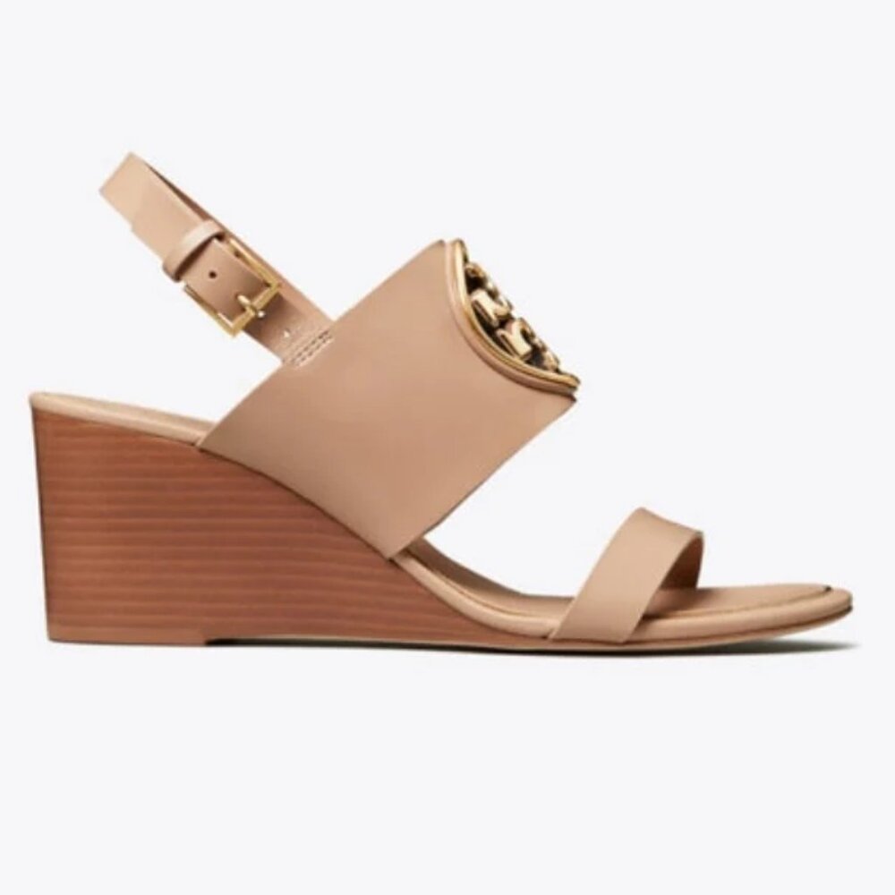 Tory Burch Neutral Blush Leather Wedge Sandals with Gold Logo - Picture 3 of 13